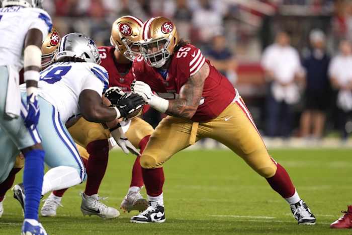Oct 8, 2023; San Francisco 49ers guard Jon Feliciano (55) blocks Dallas Cowboys defensive tackle Mazi Smith (left). Mandatory Credit: Darren Yamashita-USA TODAY Sports